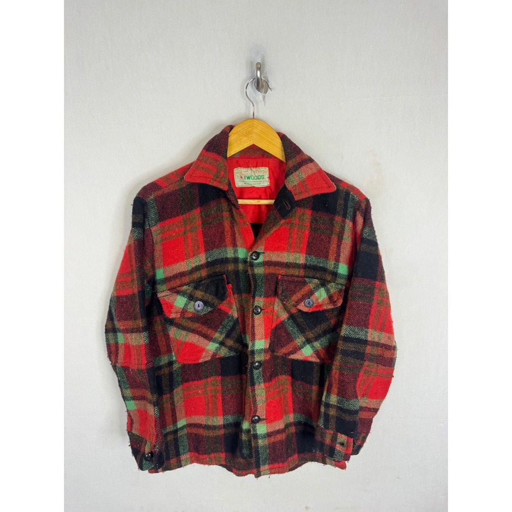 Vintage 50s Woods Falcon Brand Wool Plaid Flannel S Jacket Red Black Canada